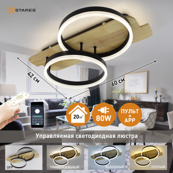 Управляемая светодиодная люстра  WOODY LOFT 80W 2R-APP-600x420x135-BLACK WOOD-220-IP20
