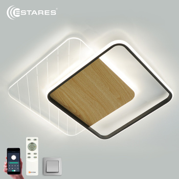  Управляемая светодиодная люстра AMATO wood 60W 2S-APP-505x505x52-BLACK/WHITE/CLEAR-220-IP20