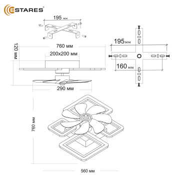 Управляемая светодиодная люстра с вент. FAN OVAL 70W+18W 4S-APP-760x560x120-BLACK WHITE-220-IP20